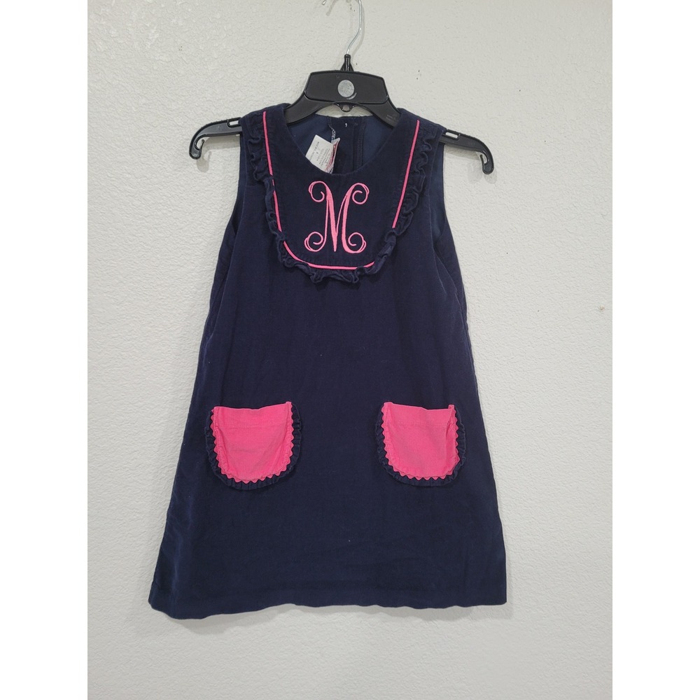 Posh Pickle Girls Navy Blue Pink Corduroy Monogrammed M Jumper Dress Size 6 #7